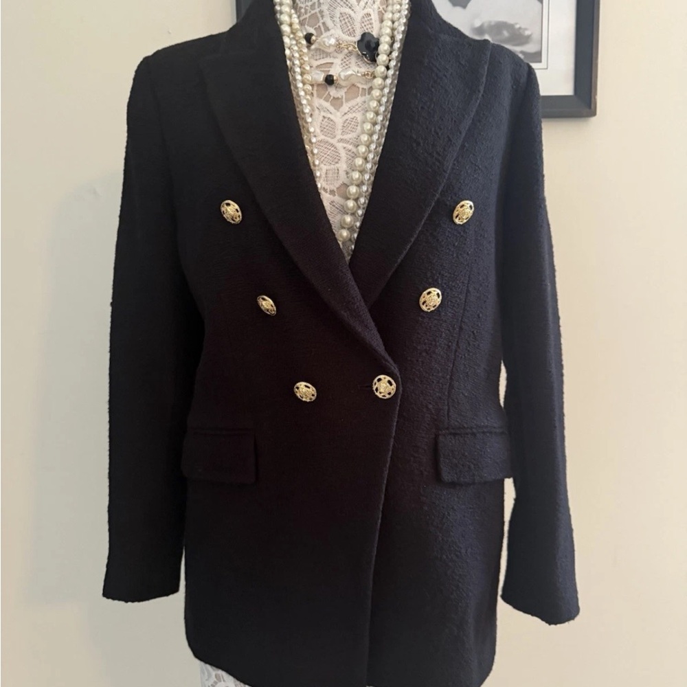 New Zara Tweed Blazer With Gold Buttons Size L Black Double Breasted org $119